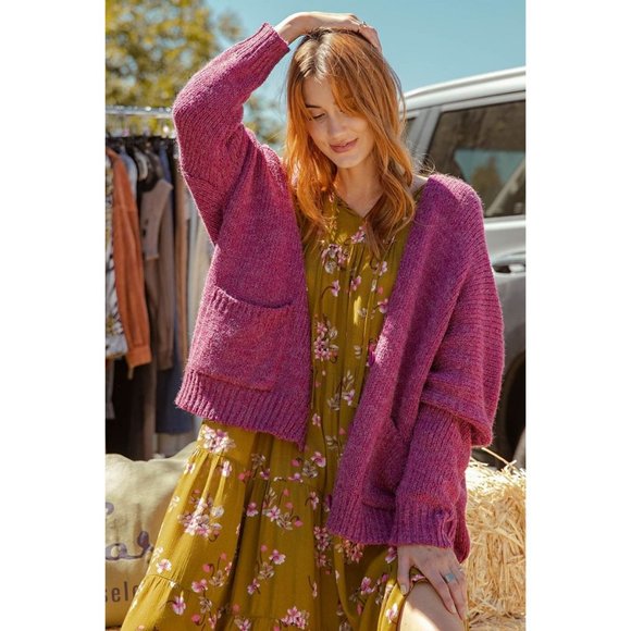 Easel Raspberry Dropped Shoulders Button Dwon Front Relaxed Fit Sweater Cardigan - Picture 2 of 5